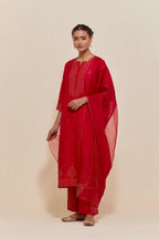 Red silk straight kurta set with hand-embroidered sequins at the neck, borders running along the hem and sleeve edges, and scattered gold sequins embellishments all-over.