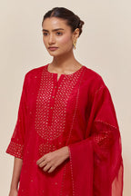 Red silk straight kurta set with hand-embroidered sequins at the neck, borders running along the hem and sleeve edges, and scattered gold sequins embellishments all-over.