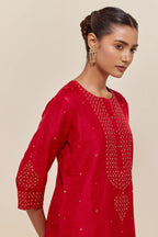 Red silk straight kurta set with hand-embroidered sequins at the neck, borders running along the hem and sleeve edges, and scattered gold sequins embellishments all-over.
