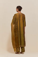 Olive silk dupatta with silk organza at the sides, highlighted with hand-embroidered gold sequins work.