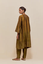 Olive silk A-line short kurta set with hand-embroidered sequins at the neck, borders running along the hem and sleeve edges, and scattered gold sequin embellishments all-over.
