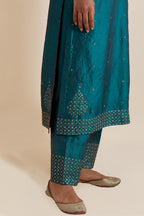 Teal green Silk Chanderi straight kurta set featuring all-over hand-embroidered gold sequins.