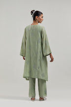 Green Silk Chanderi A-line short kurta set with hand embroidered diamond motifs with delicate mirror and sequins work all-over the kurta.