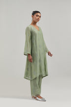 Green Silk Chanderi A-line short kurta set with hand embroidered diamond motifs with delicate mirror and sequins work all-over the kurta.