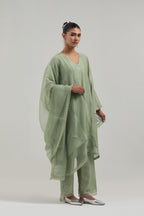 Green Silk Chanderi A-line short kurta set with hand embroidered diamond motifs with delicate mirror and sequins work all-over the kurta.
