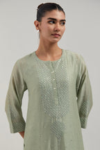 Green silk Chanderi straight kurta set with hand-embroidered mirror at the neck, borders running along the hem and sleeve edges, and scattered silver sequin and mirror embellishments all-over.