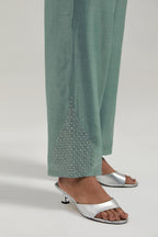 Blue Silk Chanderi pants with hand embroidered leaf motifs with delicate mirror & sequins work at hem.