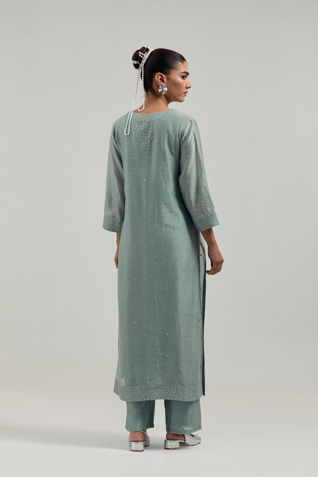 Blue silk Chanderi straight kurta set with all-over hand embroidered mirror and silver sequins.