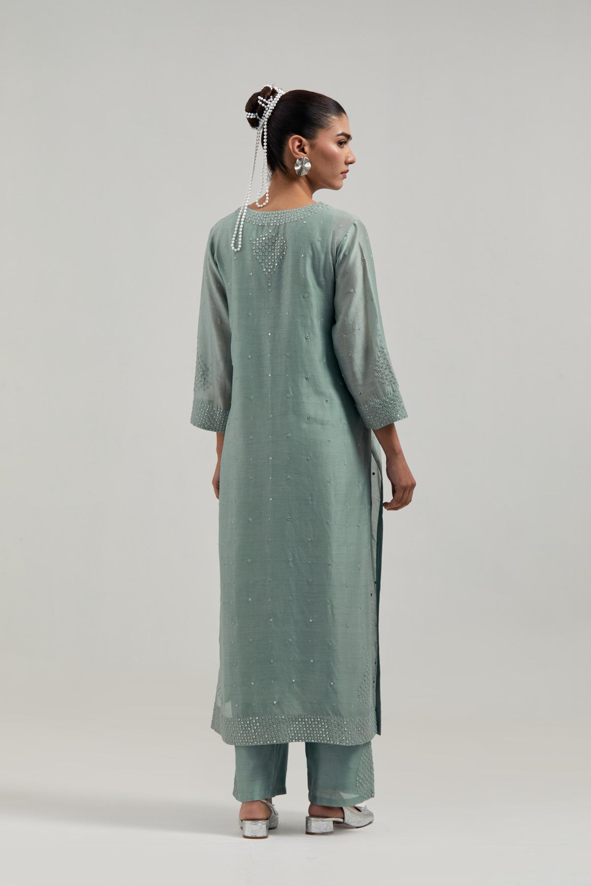 Blue silk Chanderi straight kurta set with all-over hand embroidered mirror and silver sequins.