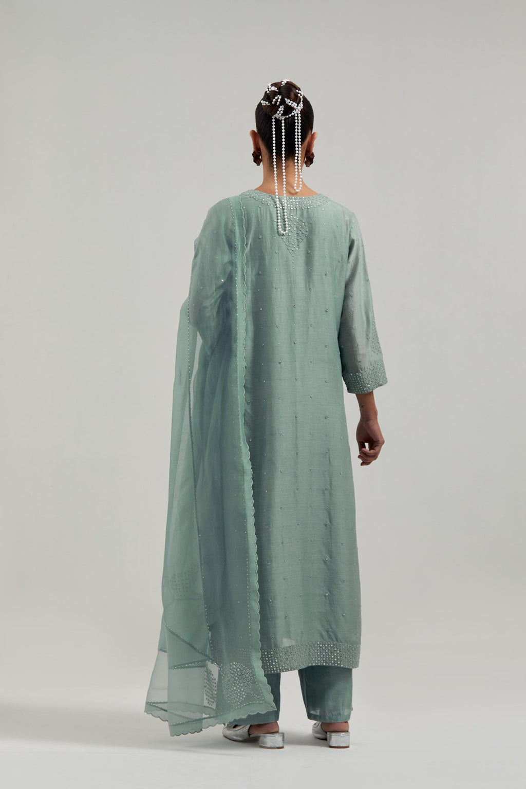 Blue silk Chanderi straight kurta set with all-over hand embroidered mirror and silver sequins.