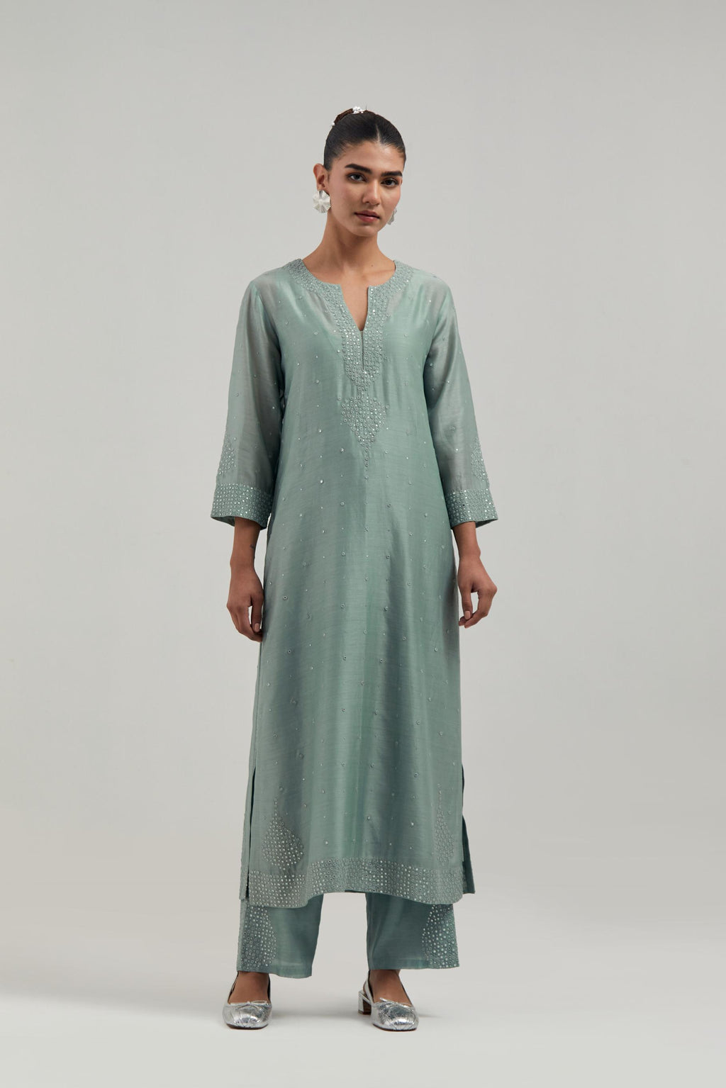 Blue silk Chanderi straight kurta set with all-over hand embroidered mirror and silver sequins.
