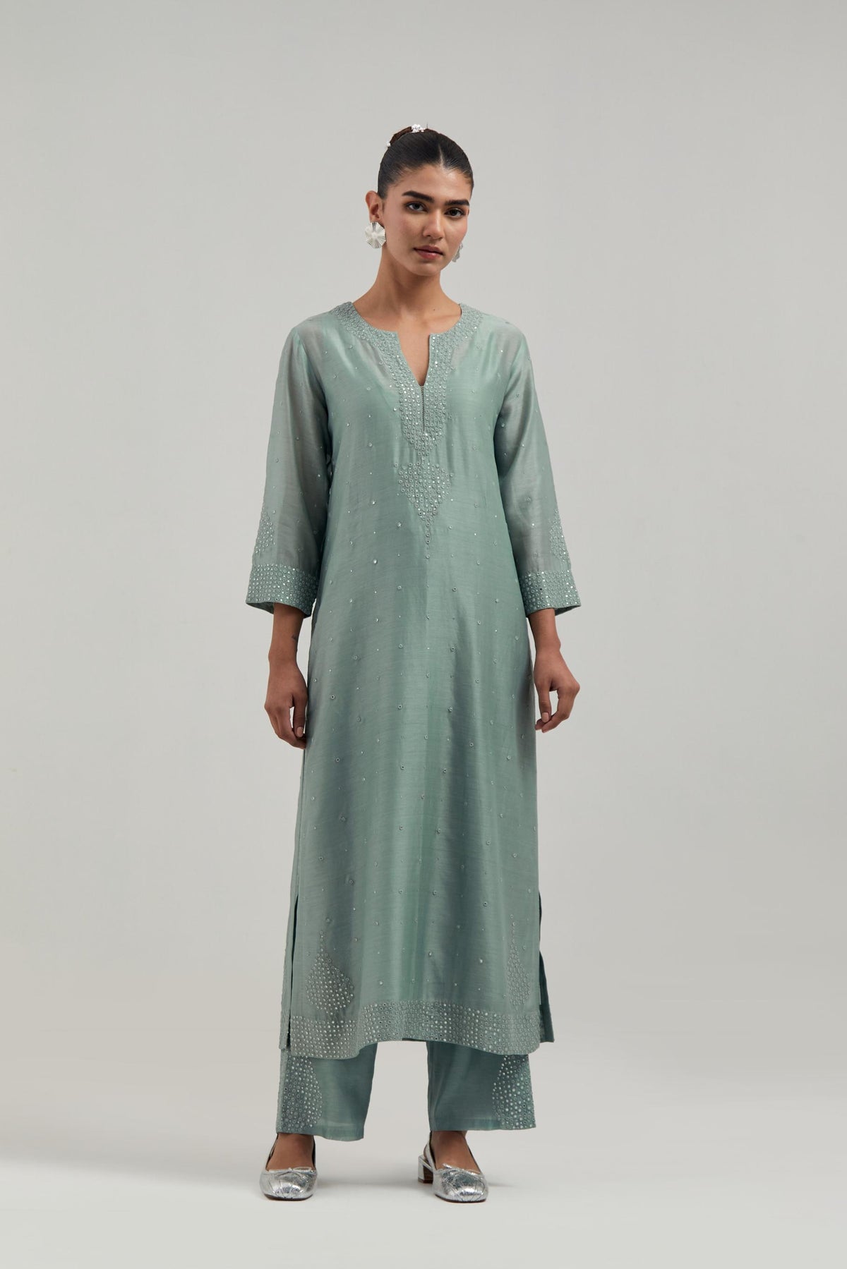 Blue silk Chanderi straight kurta set with all-over hand embroidered mirror and silver sequins.
