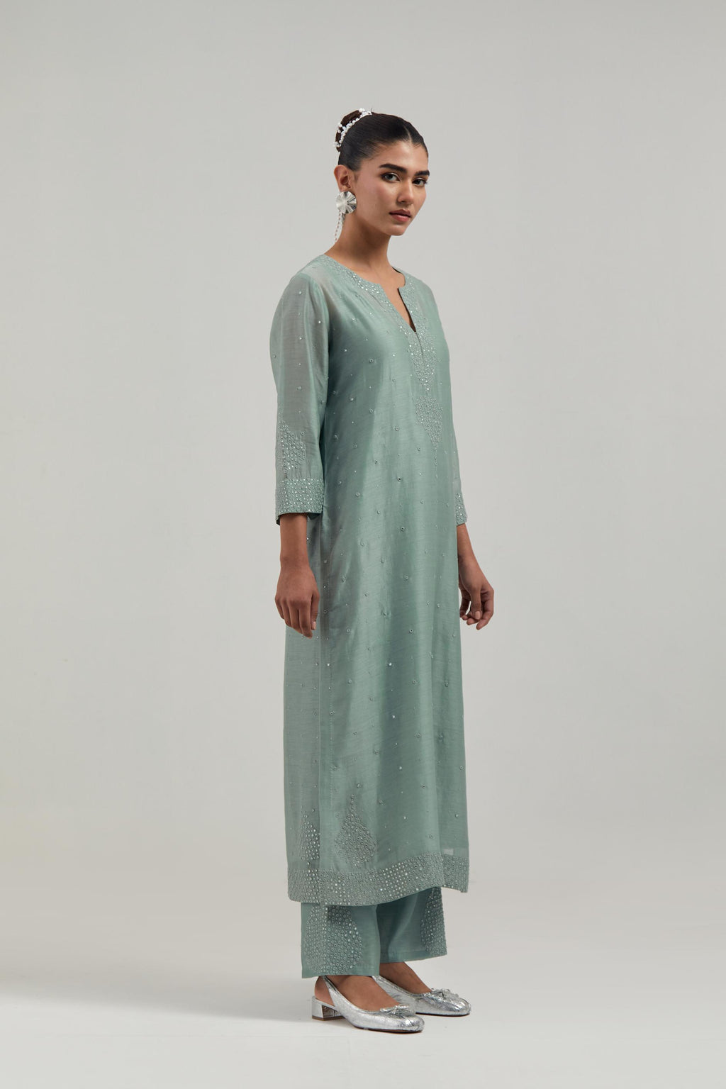 Blue silk Chanderi straight kurta set with all-over hand embroidered mirror and silver sequins.