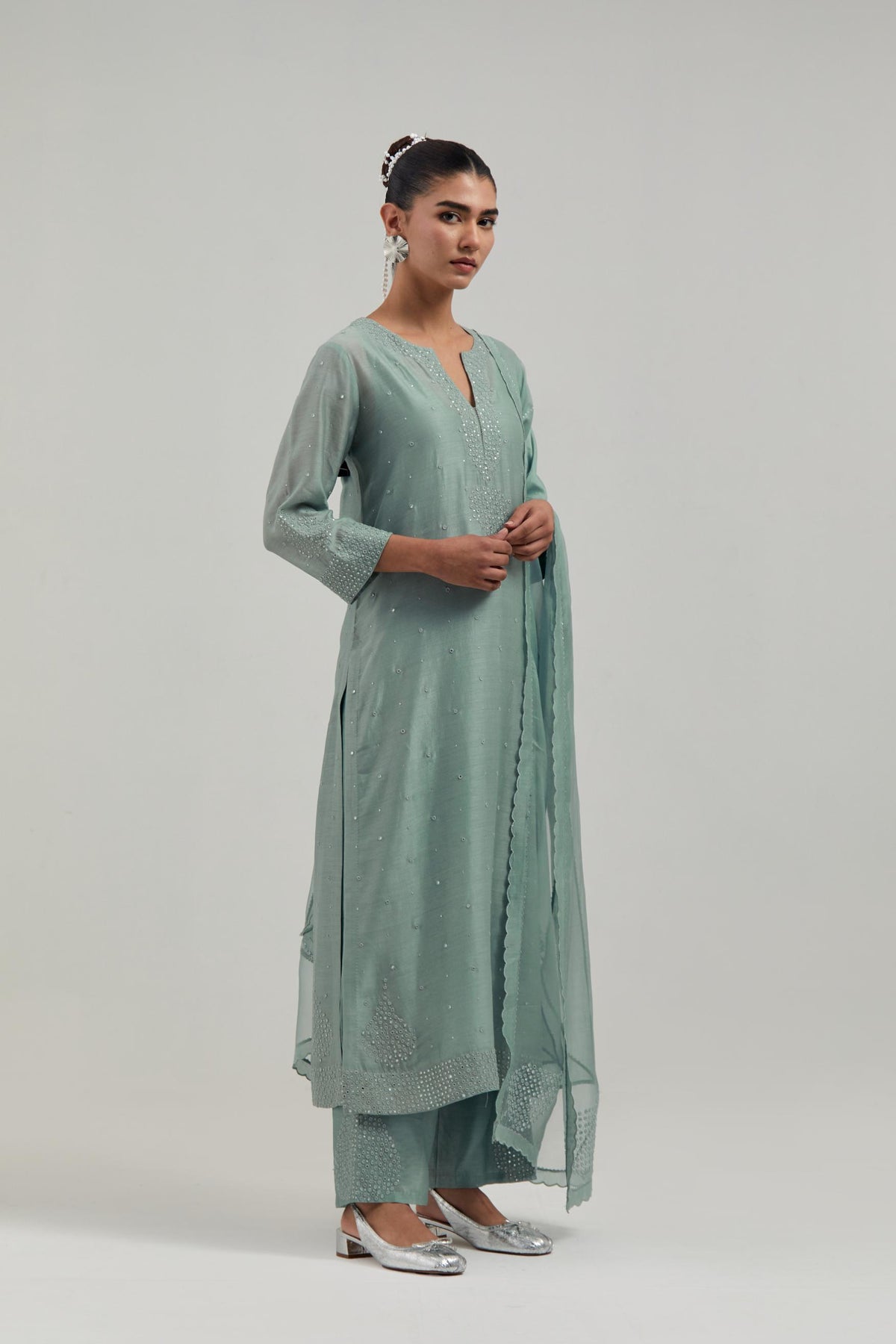 Blue silk Chanderi straight kurta set with all-over hand embroidered mirror and silver sequins.