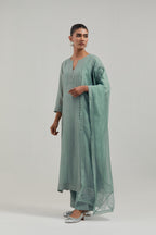 Blue silk Chanderi dupatta with silk organza at the sides, finished with delicate scalloped edges, highlighted by hand-embroidered mirror & sequins work.
