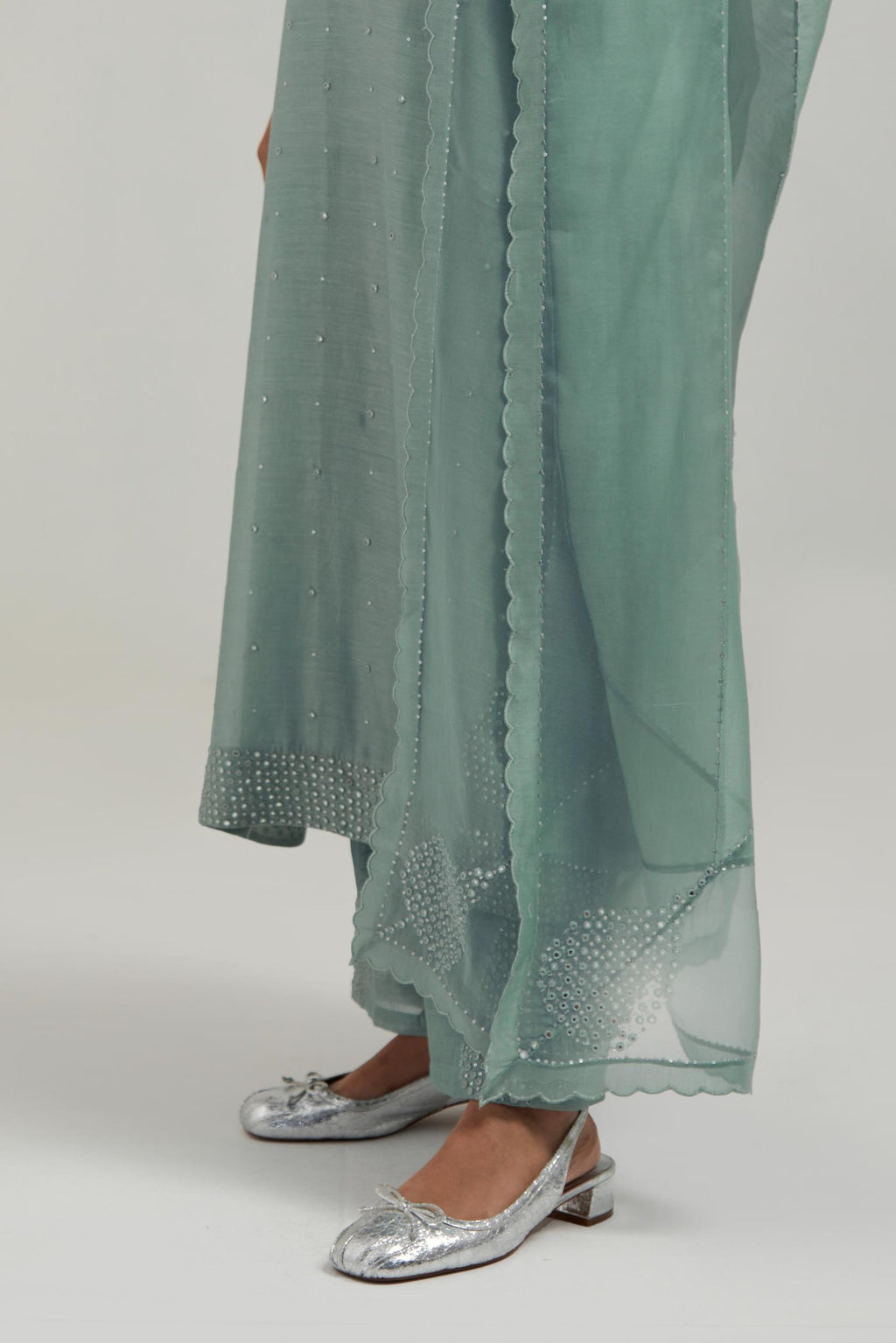 Blue silk Chanderi straight kurta set with all-over hand embroidered mirror and silver sequins.