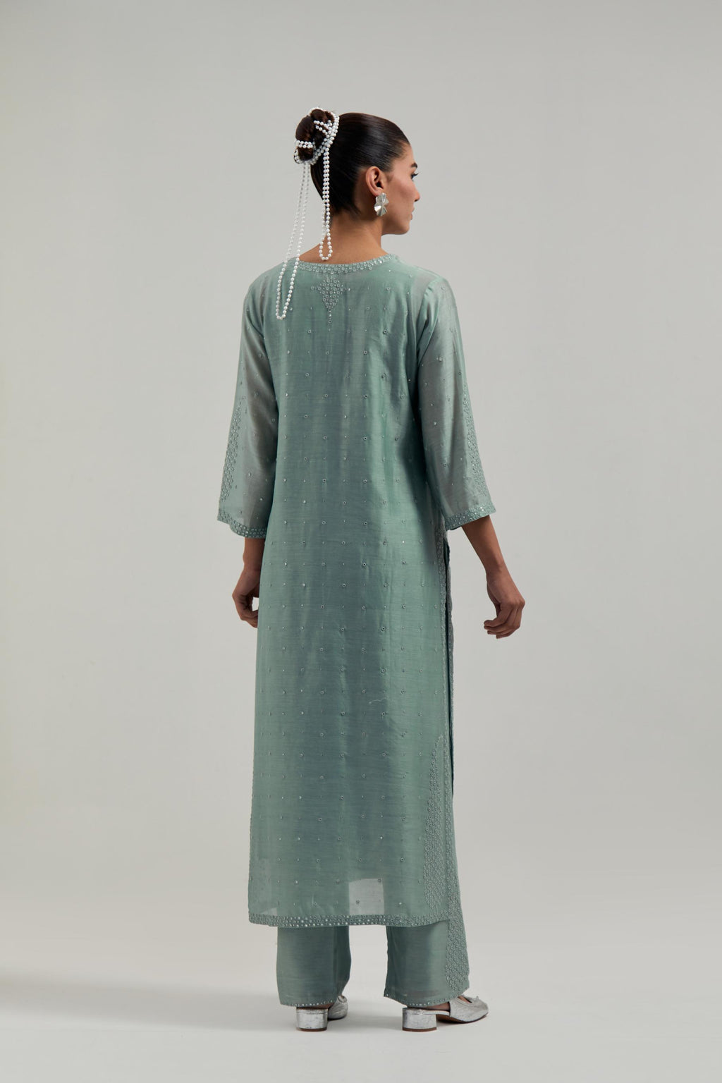 Blue silk Chanderi straight kurta set with all-over hand embroidered mirror and silver sequins.