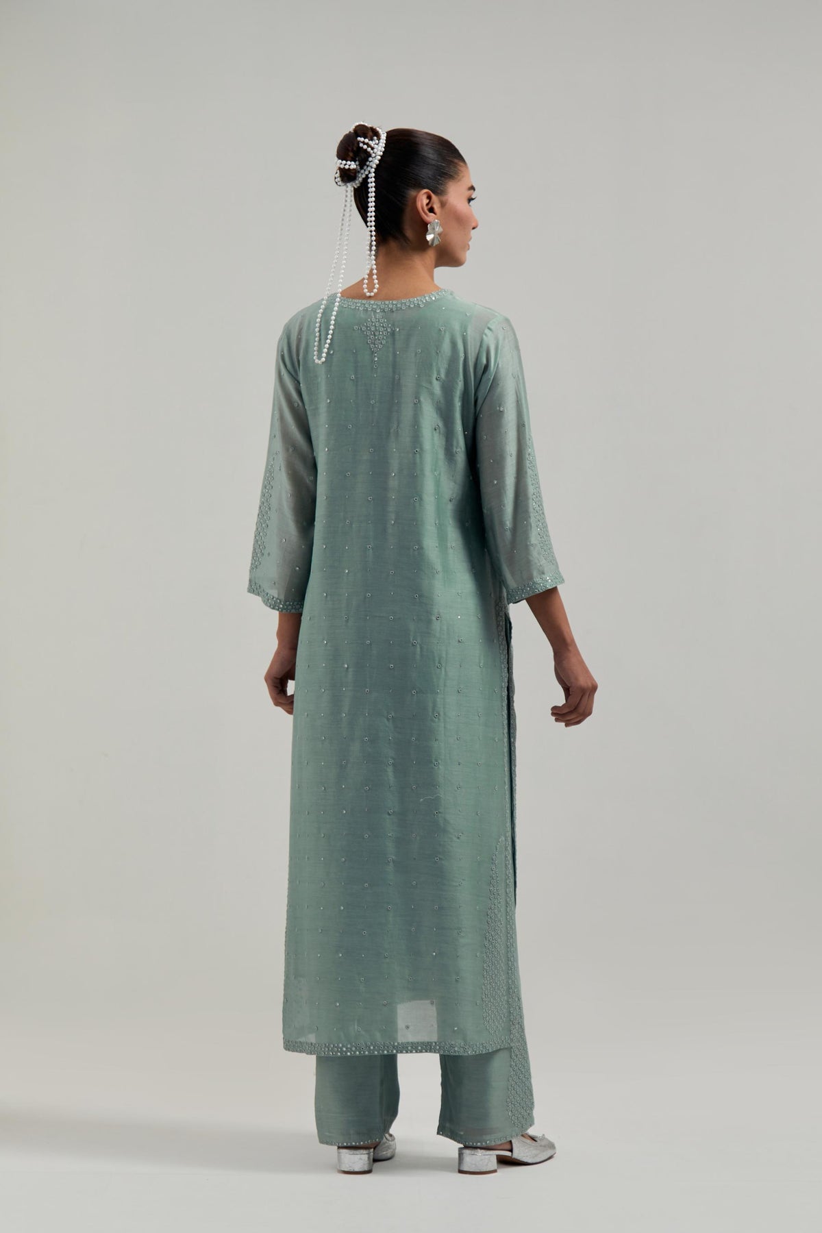 Blue silk Chanderi straight kurta set with all-over hand embroidered mirror and silver sequins.