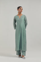 Blue silk Chanderi straight kurta set with hand-embroidered paisley motifs with delicate mirror and sequins work at neck, hem, and sleeves, with narrow borders along the edges.