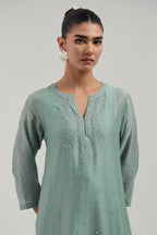 Blue silk Chanderi straight kurta set with hand-embroidered paisley motifs with delicate mirror and sequins work at neck, hem, and sleeves, with narrow borders along the edges.