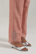 Peach silk Chanderi straight pants with narrow organza scalloped hem and hand-embroidered diamond motifs with delicate mirror & sequins work at the sides.
