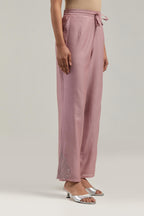 Pink Silk Chanderi pants with hand embroidered leaf motifs with delicate mirror & sequins work at hem.