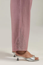Pink Silk Chanderi pants with hand embroidered leaf motifs with delicate mirror & sequins work at hem.