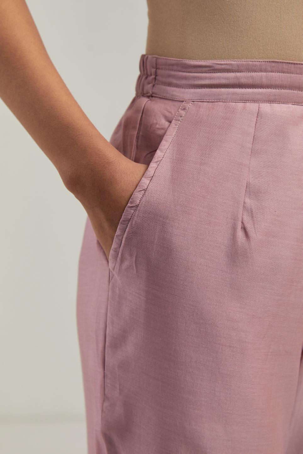 Pink Silk Chanderi pants with hand embroidered leaf motifs with delicate mirror & sequins work at hem.