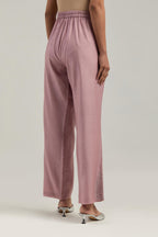 Pink Silk Chanderi pants with hand embroidered leaf motifs with delicate mirror & sequins work at hem.