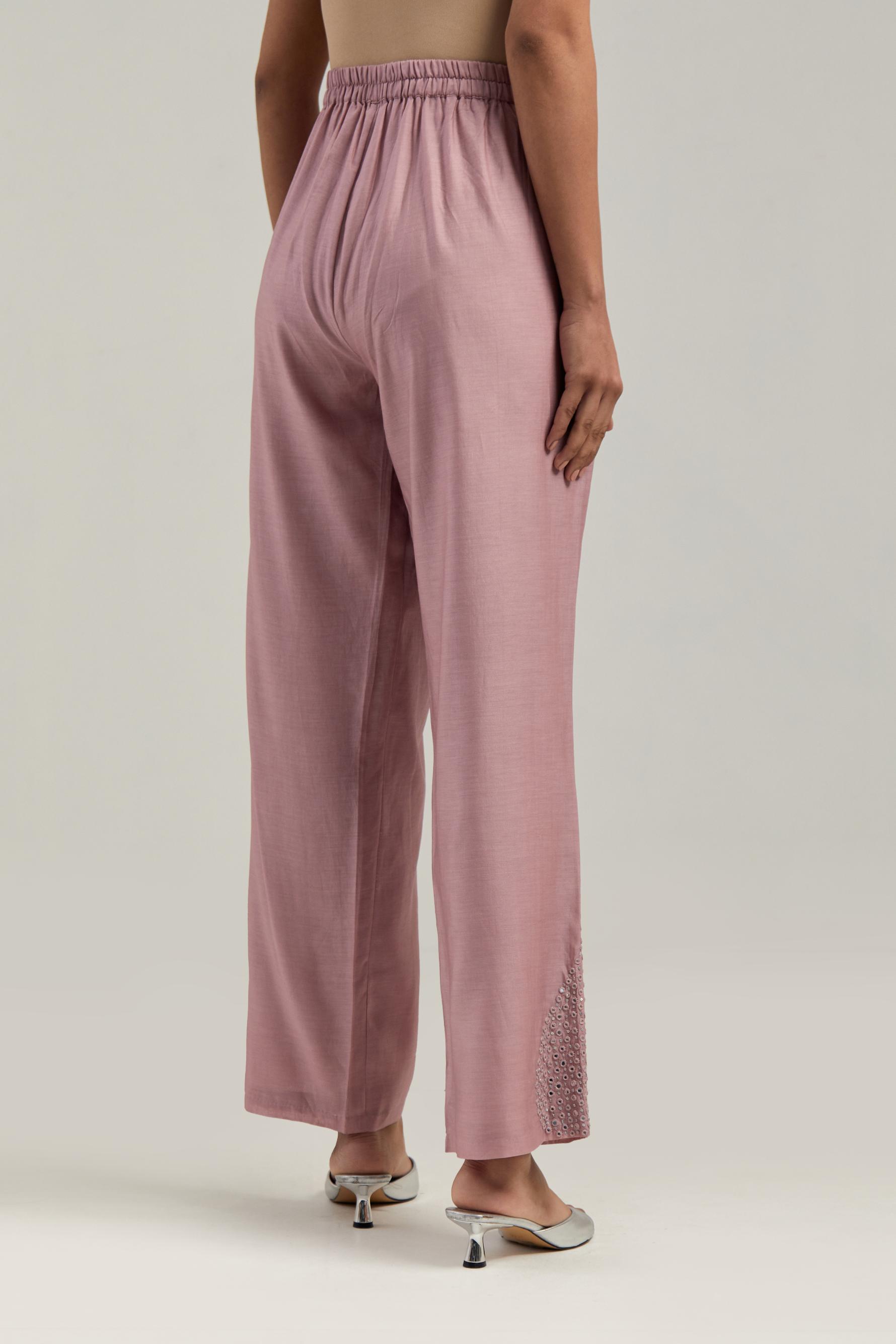 Pink Silk Chanderi pants with hand embroidered leaf motifs with delicate mirror & sequins work at hem.