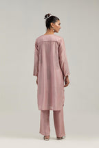 Pink Silk Chanderi short kurta set with hand-embroidered paisley motifs with delicate mirror and sequins work all-over the kurta.