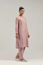 Pink Silk Chanderi short kurta set with hand-embroidered paisley motifs with delicate mirror and sequins work all-over the kurta.