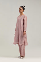 Pink Silk Chanderi short kurta set with hand-embroidered paisley motifs with delicate mirror and sequins work all-over the kurta.