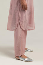 Pink Silk Chanderi short kurta set with hand-embroidered paisley motifs with delicate mirror and sequins work all-over the kurta.
