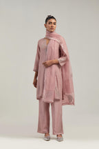 Pink silk Chanderi straight short kurta set with hand-embroidered paisley motifs with delicate mirror and sequins work at neck, hem, and sleeves, with narrow borders along the edges.