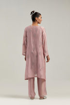 Pink Silk Chanderi A-line short kurta set with hand embroidered diamond motifs with delicate mirror and sequins work all-over the kurta.