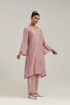 Pink Silk Chanderi A-line short kurta set with hand embroidered diamond motifs with delicate mirror and sequins work all-over the kurta.