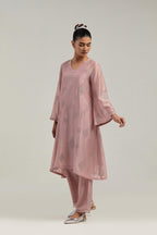 Pink Silk Chanderi A-line short kurta set with hand embroidered diamond motifs with delicate mirror and sequins work all-over the kurta.