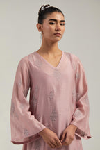 Pink Silk Chanderi A-line short kurta set with hand embroidered diamond motifs with delicate mirror and sequins work all-over the kurta.