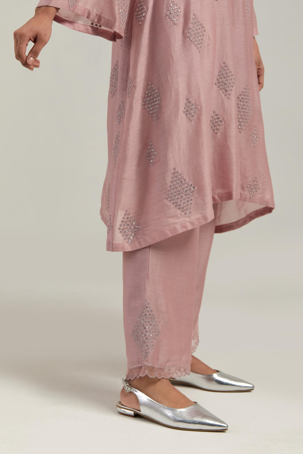 Pink Silk Chanderi A-line short kurta set with hand embroidered diamond motifs with delicate mirror and sequins work all-over the kurta.