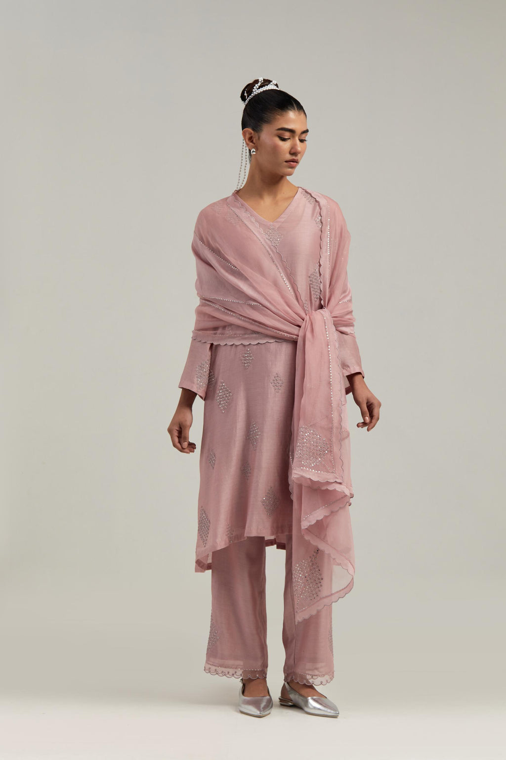 Pink Silk Chanderi A-line short kurta set with hand embroidered diamond motifs with delicate mirror and sequins work all-over the kurta.