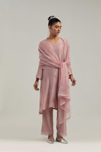 Pink Silk Chanderi A-line short kurta set with hand embroidered diamond motifs with delicate mirror and sequins work all-over the kurta.