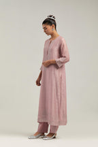 Pink silk Chanderi straight kurta set with hand-embroidered mirror at the neck, borders running along the hem and sleeve edges, and scattered silver sequin and mirror embellishments all-over.