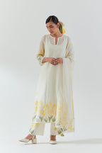 Off white cotton chanderi dupatta with yellow & green colored applique, highlighted with bead & sequins work.