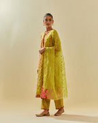 Yellow tissue chanderi paneled kurta set with front placket neckline and all-over hand cut silk flower embroidery.