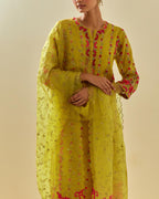 Yellow tissue chanderi paneled kurta set with front placket neckline and all-over hand cut silk flower embroidery.