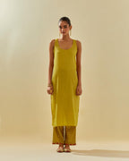 Yellow tissue chanderi straight kurta set, with contrast silk hand cut flowers embroidery, highlighted with gold sequins.