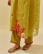 Yellow silk organza dupatta with all-over delicate gold zari embroidery & silk applique work, highlighted with gold sequins.