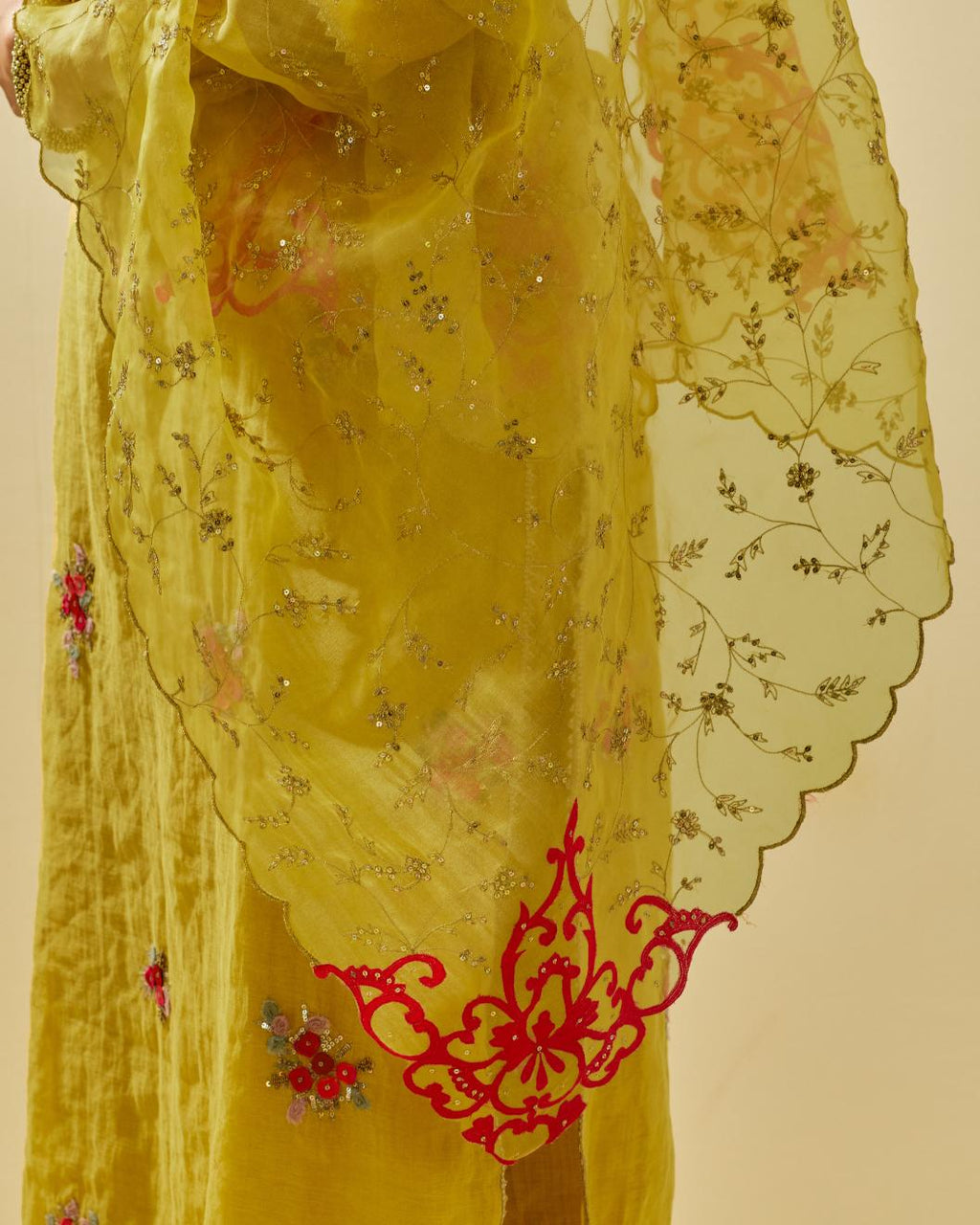 Yellow tissue chanderi straight kurta set with randomly placed hand cut silk flower bunches, highlighted with gold sequins.