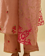 Pink silk organza dupatta with all-over delicate gold zari embroidery & silk applique work, highlighted with gold sequins.